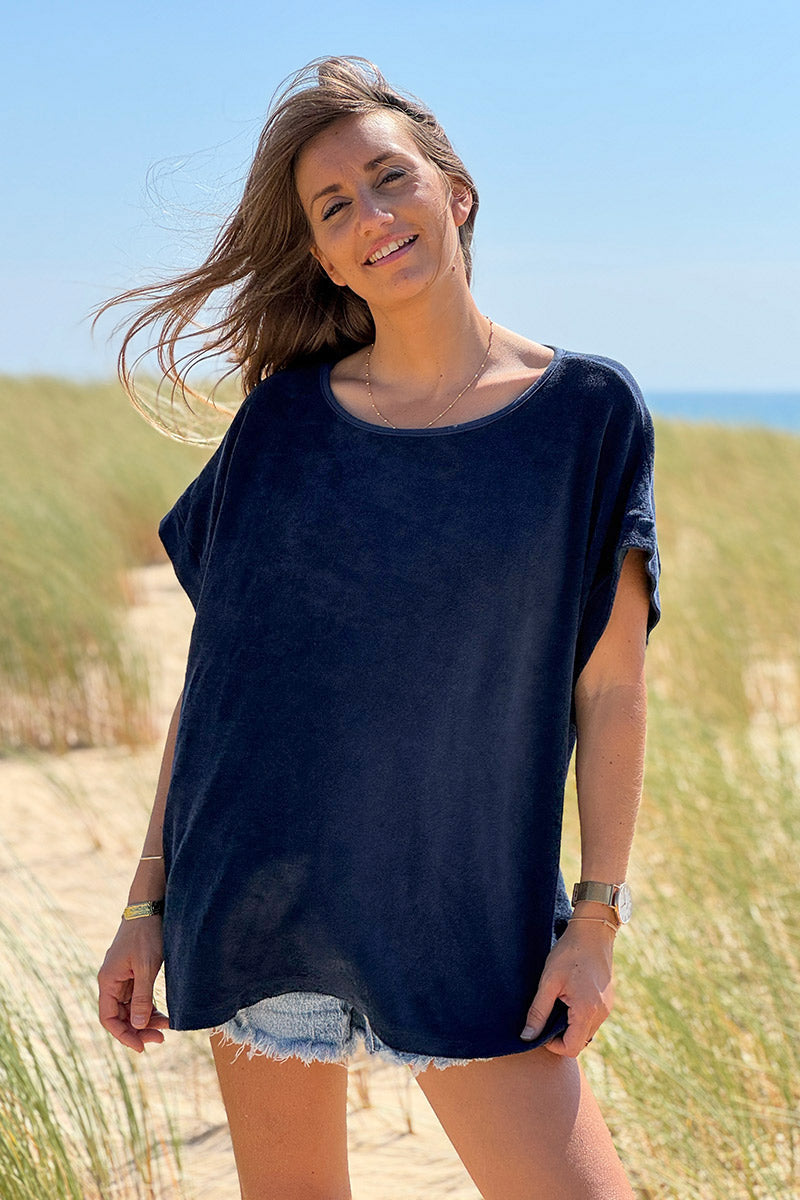 Top loose bleu marine en éponge col bateau