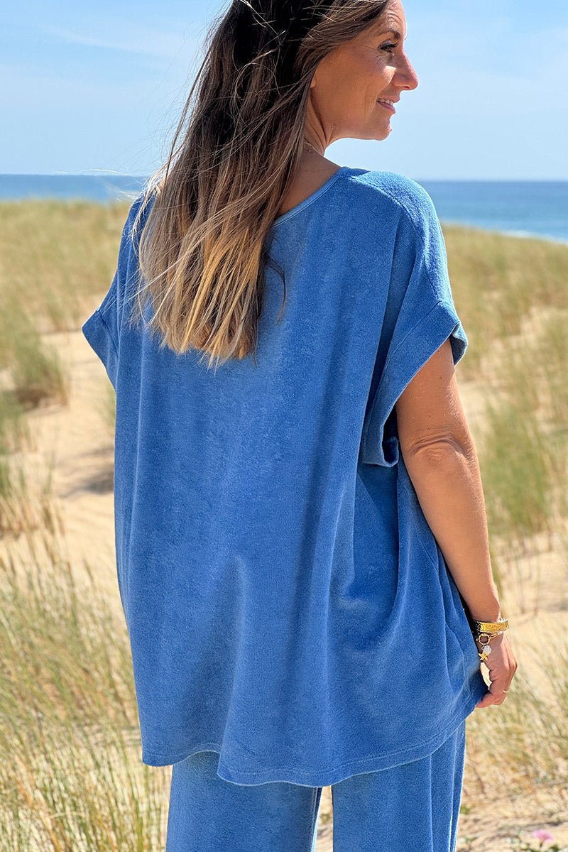 Top loose bleu roi en éponge col bateau