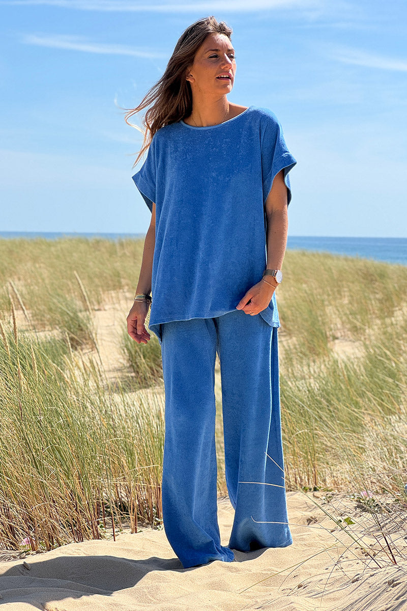 Top loose bleu roi en éponge col bateau