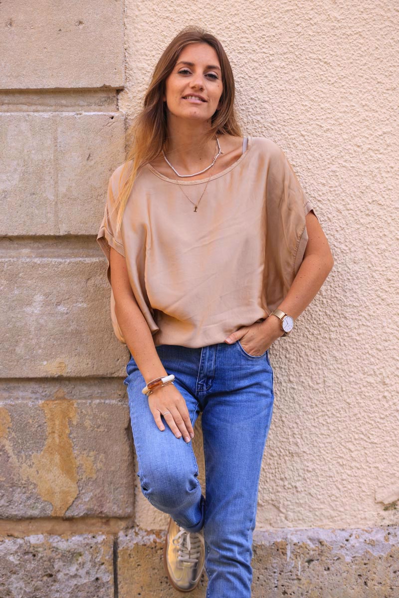 Camel sleeveless loose silk blend top