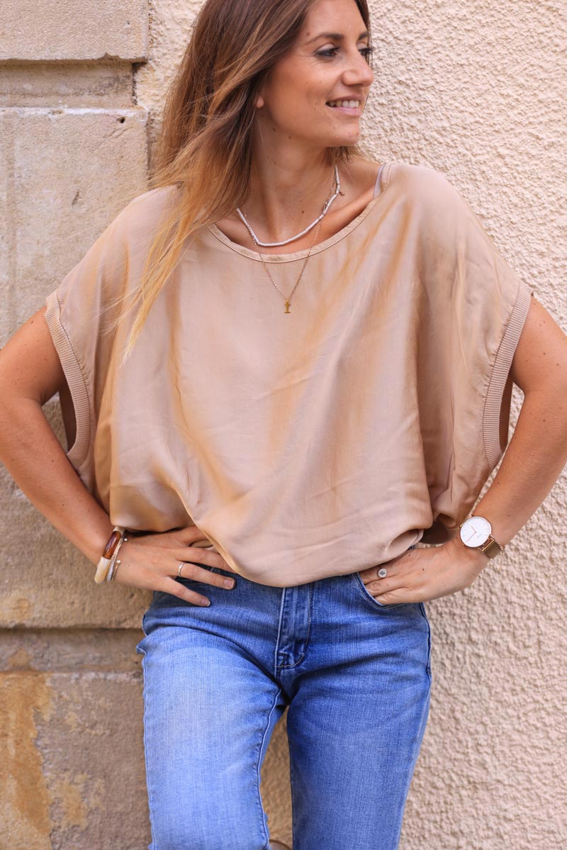 Camel sleeveless loose silk blend top