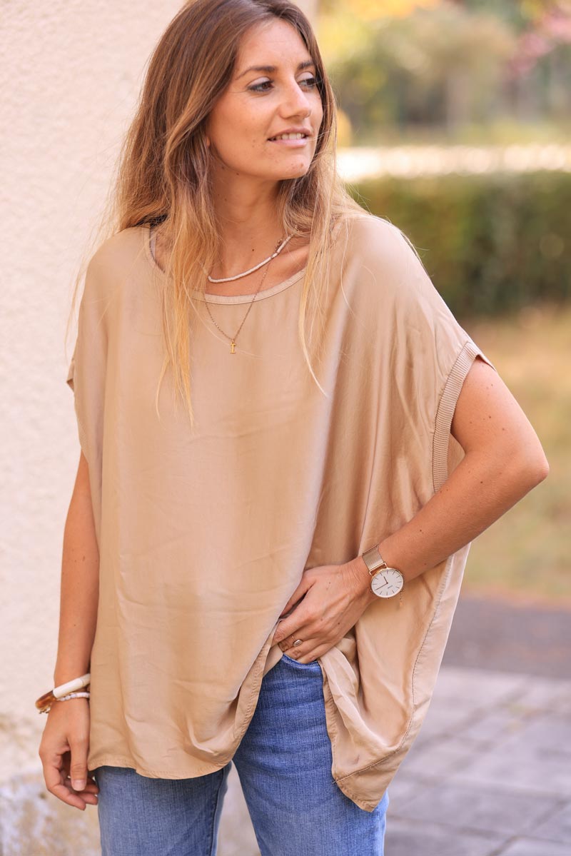 Camel sleeveless loose silk blend top