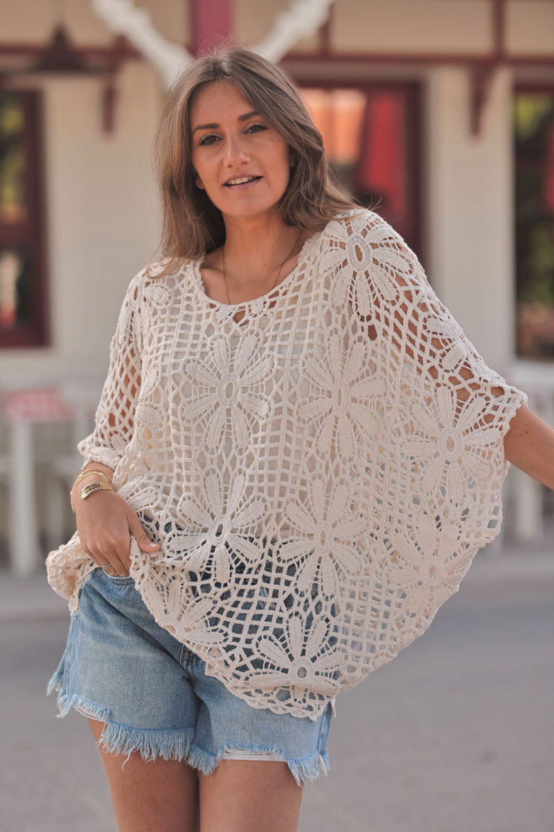 Cream Floral Crochet Poncho