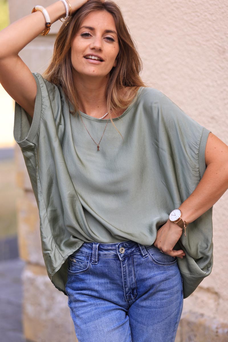 Khaki sleeveless loose silk blend top