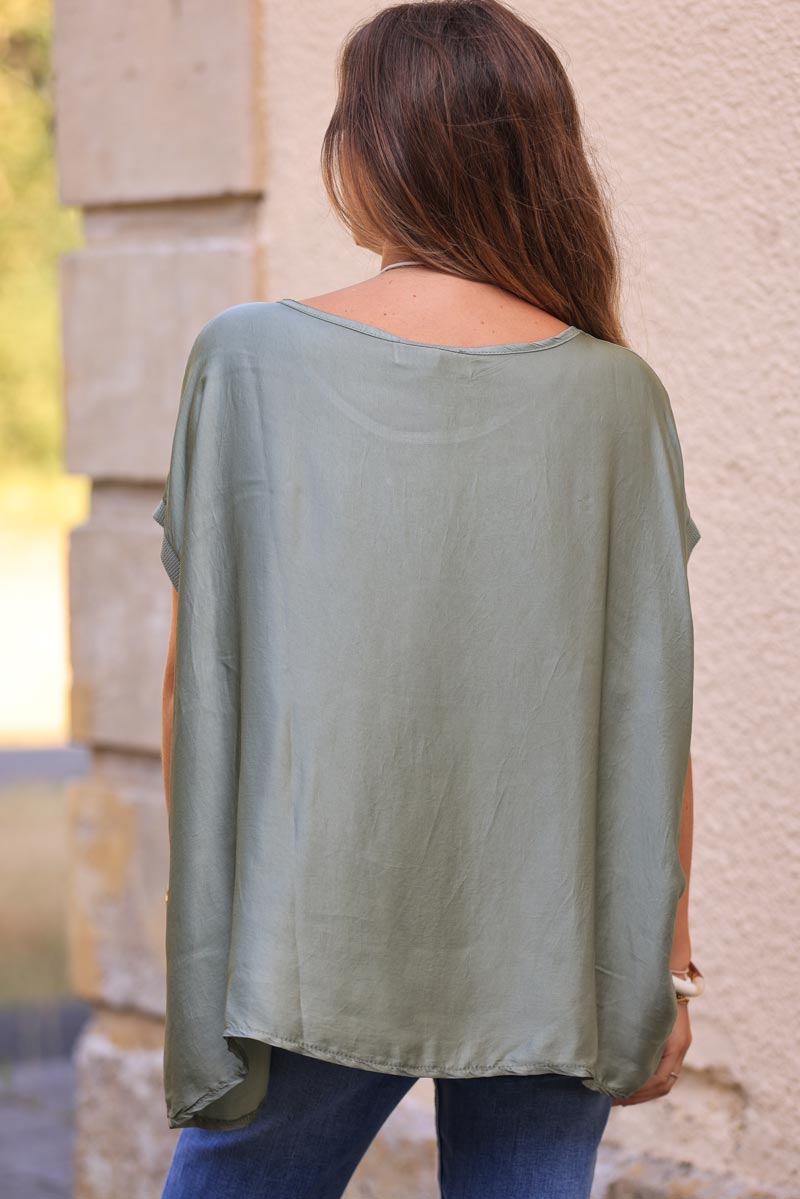 Khaki sleeveless loose silk blend top