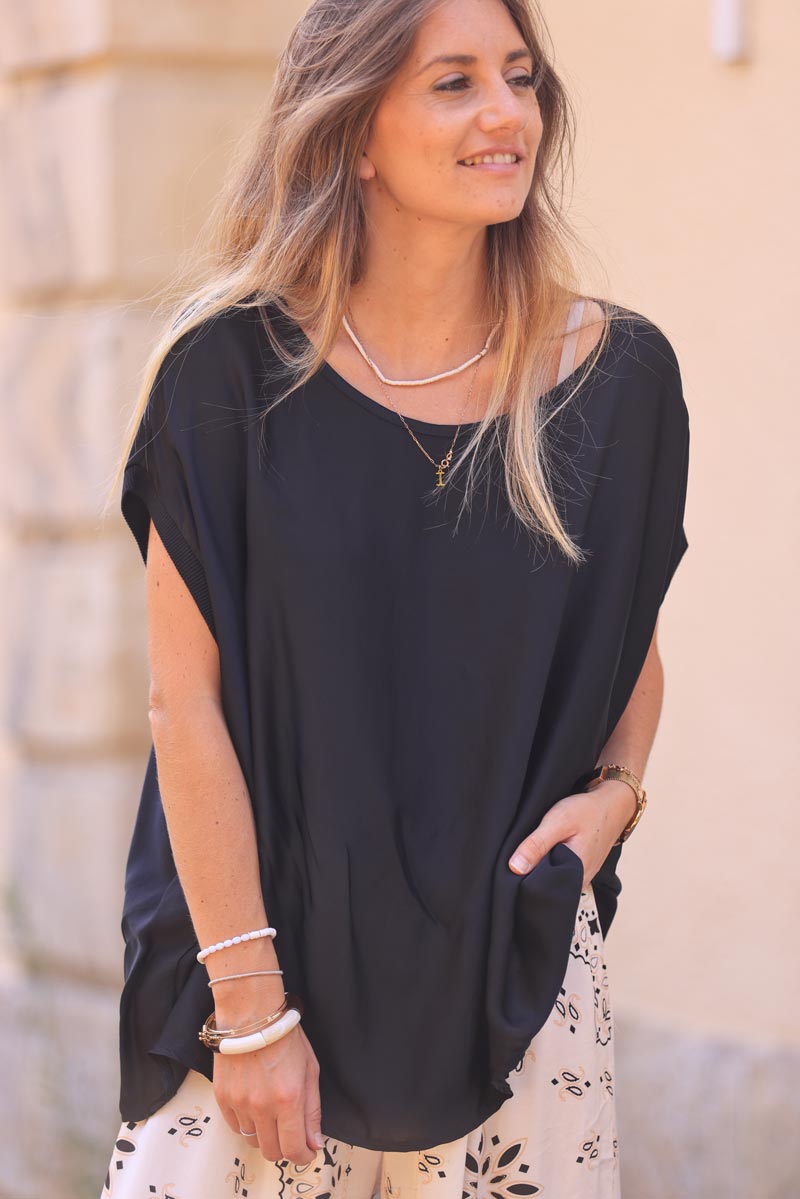 Black sleeveless loose silk blend top