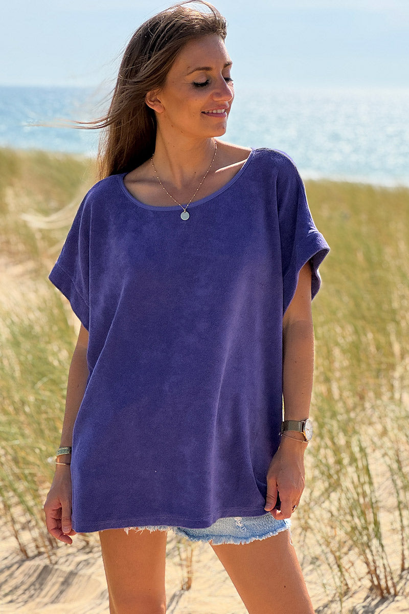 Top loose violet en éponge col bateau
