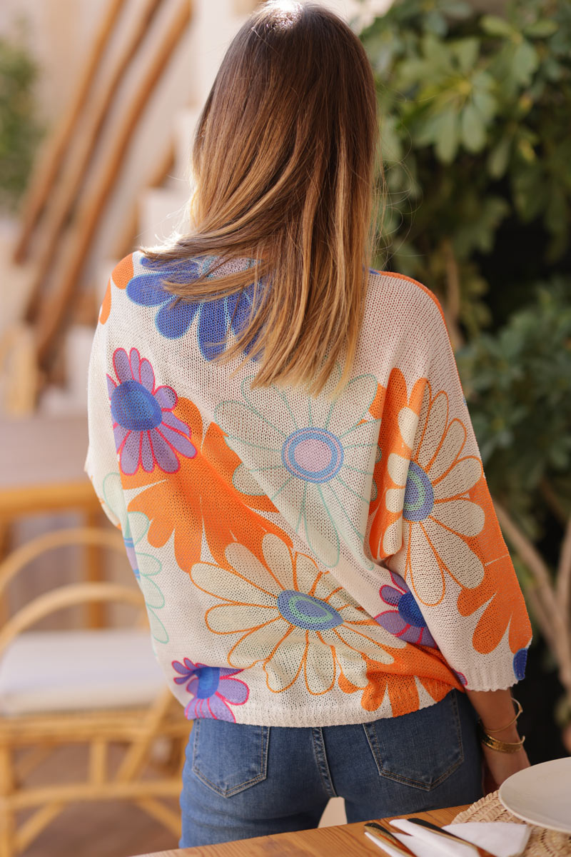 Top maille coton grandes marguerites colorées