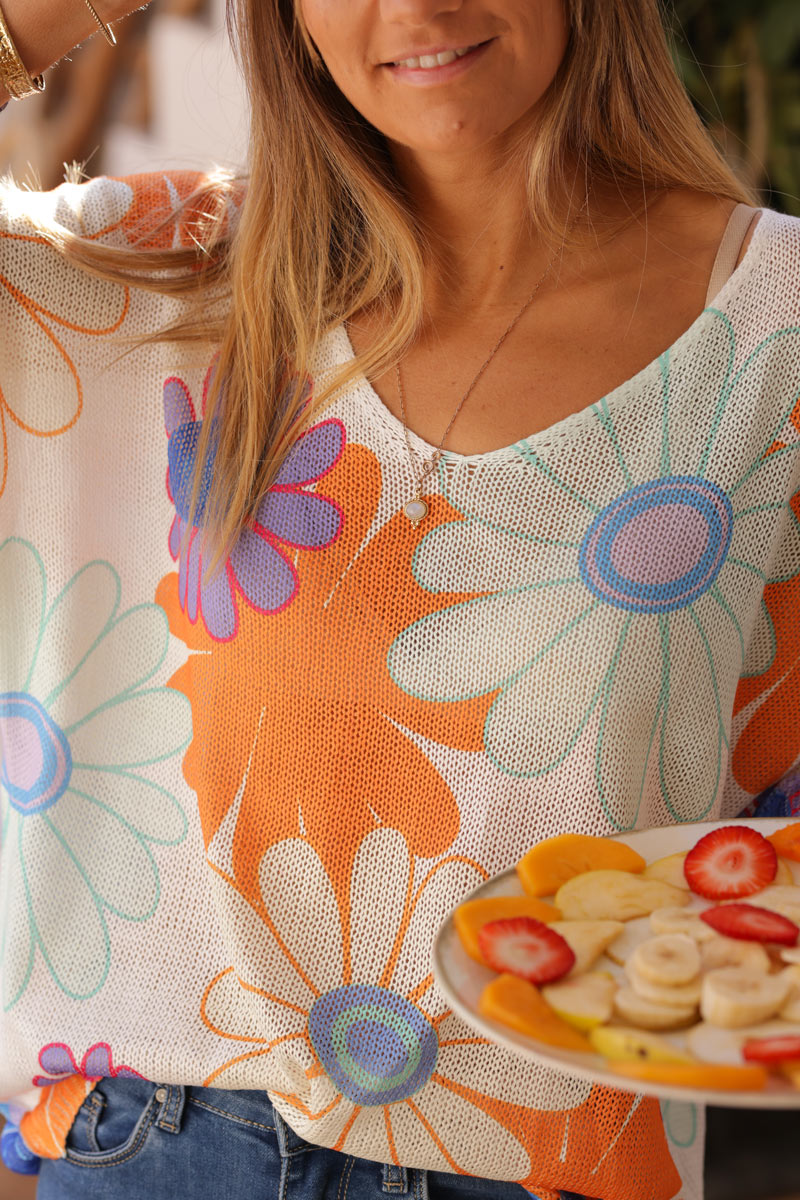 Top maille coton grandes marguerites colorées