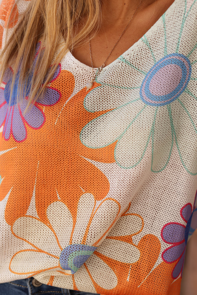 Top maille coton grandes marguerites colorées