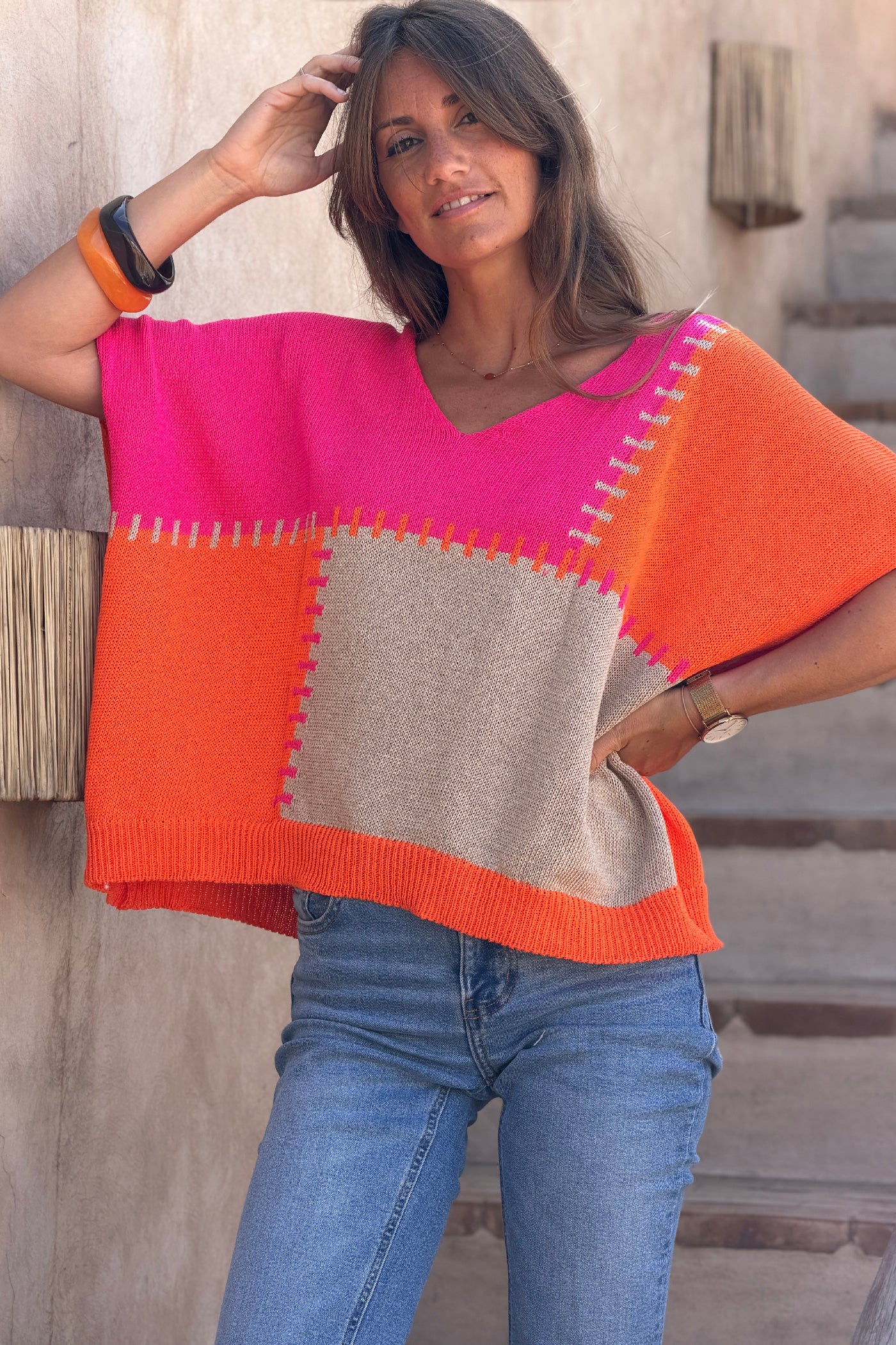 Hot Orange Glitter Knit Blanket Square Blouse