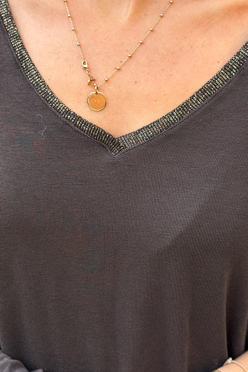 Chocolate Brown Sparkle V-Neck Viscose Top