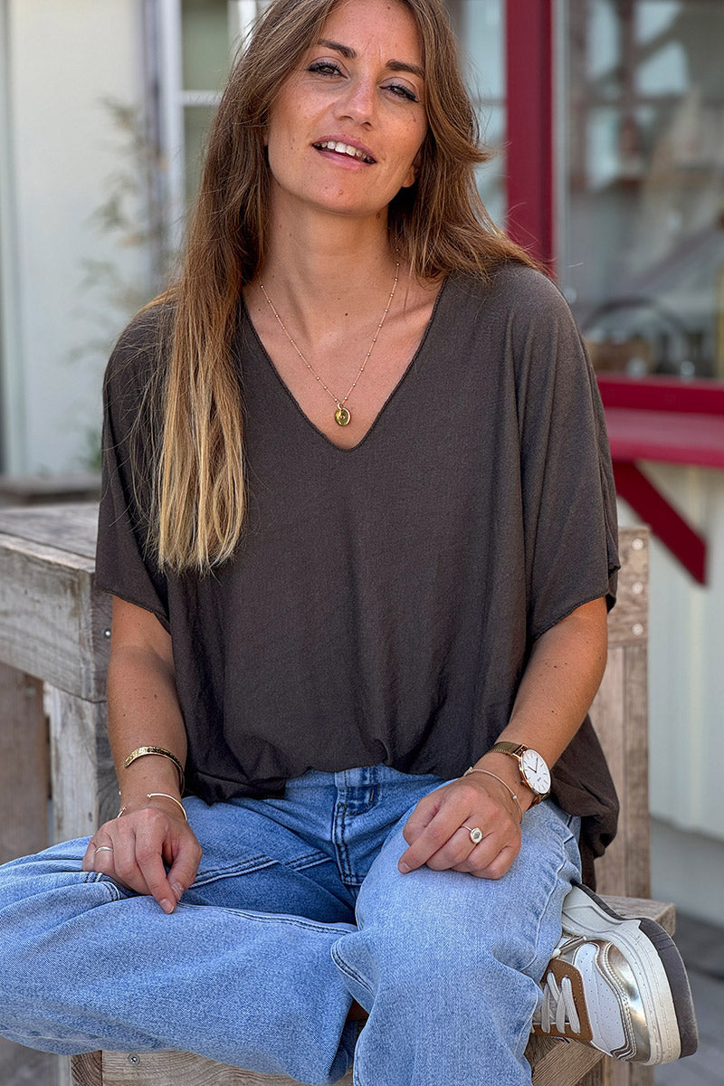 Relaxed fit Brown V-neck Top