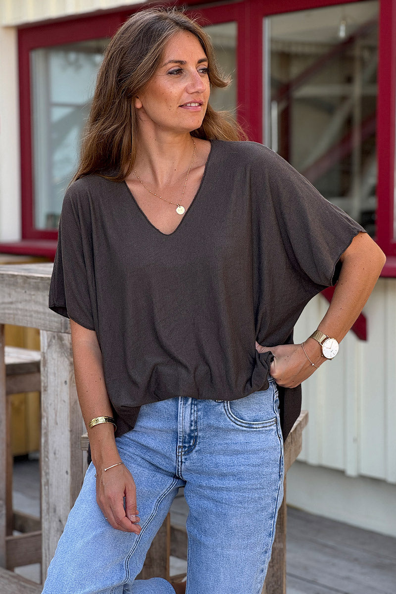 Relaxed fit Brown V-neck Top