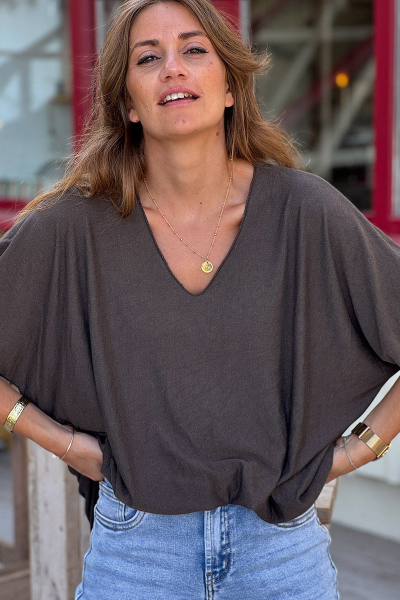 Relaxed fit Brown V-neck Top