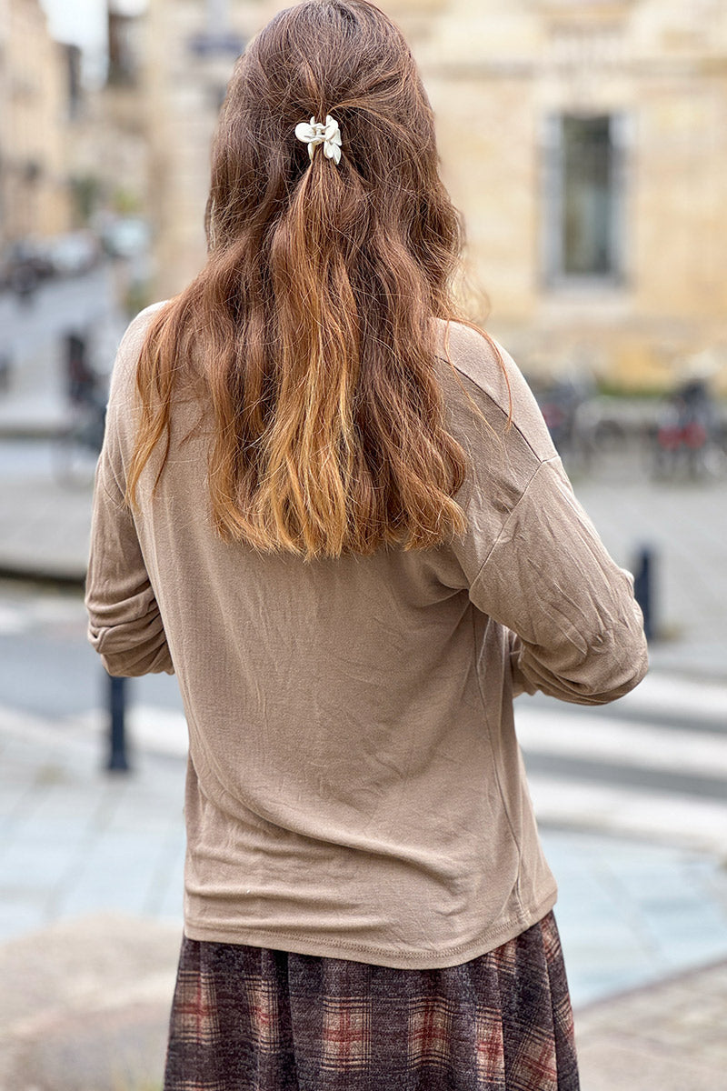 Taupe Sparkle V-Neck Viscose Top