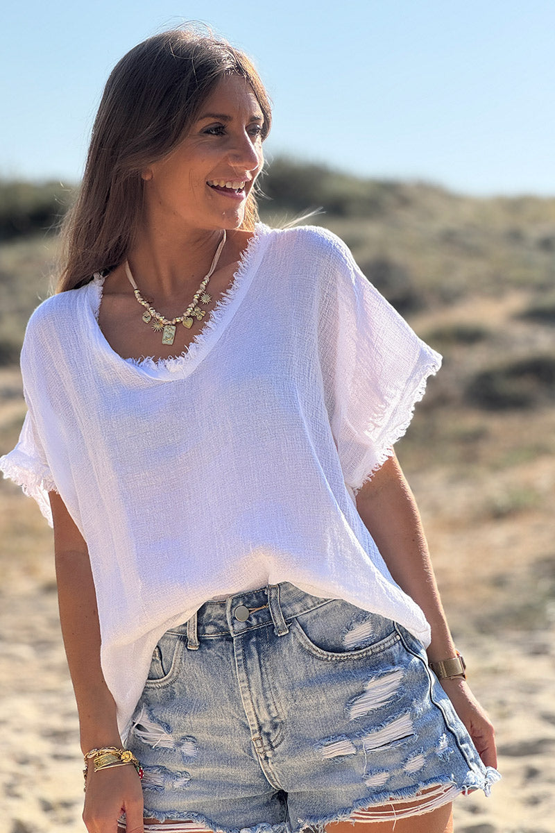 White Raw Edge Linen Shirt