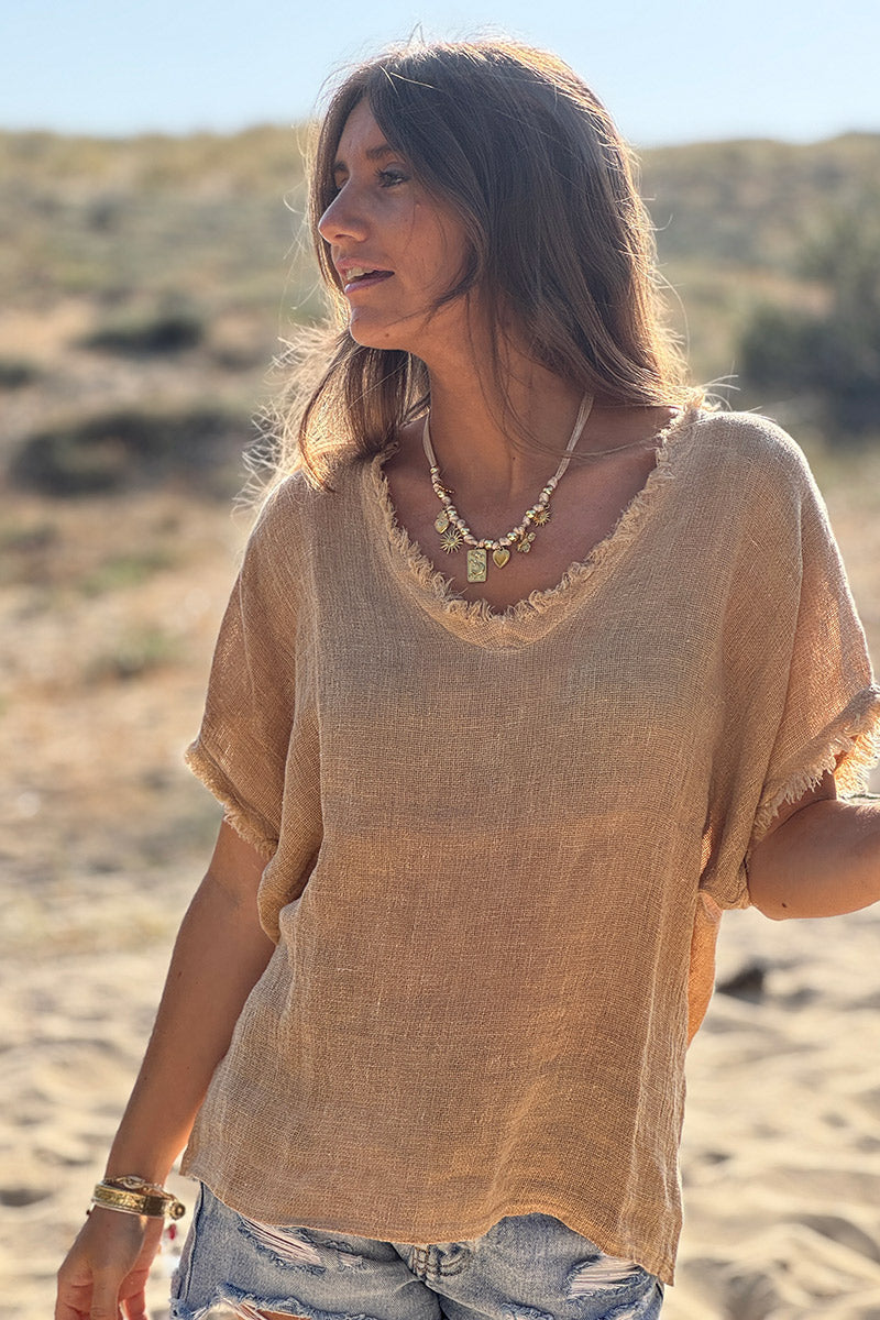 Brown Raw Edge Linen Shirt