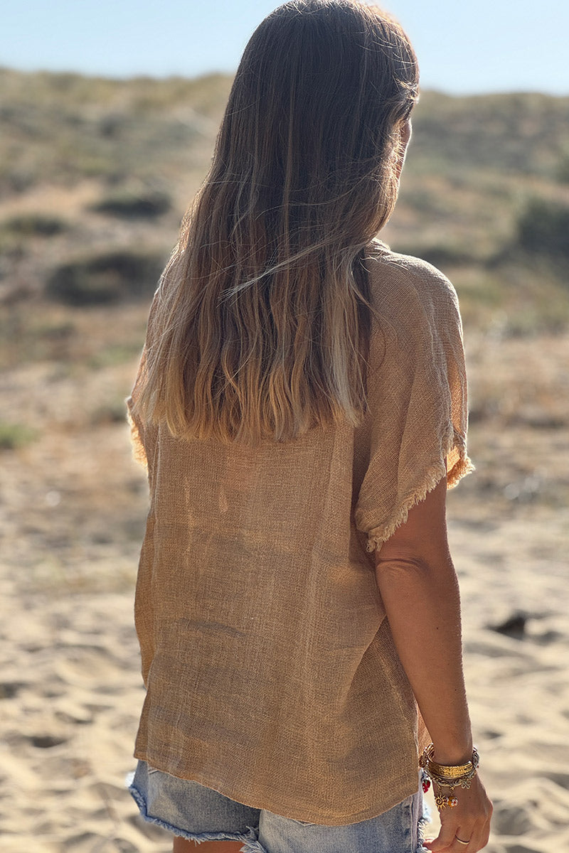 Brown Raw Edge Linen Shirt