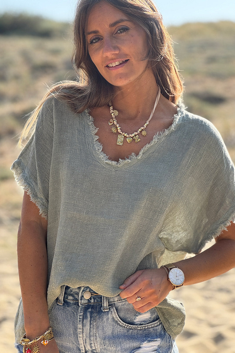 Olive Raw Edge Linen Shirt

