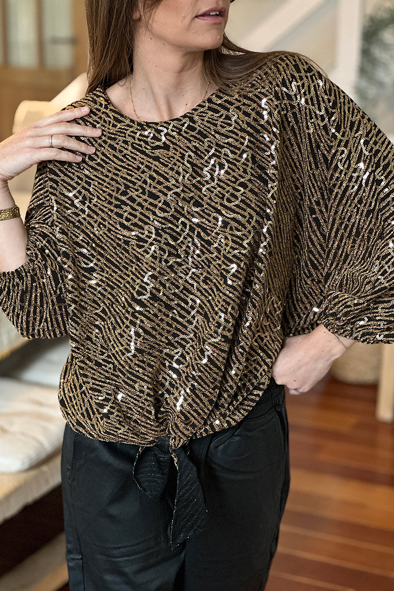 Bronze Sequin Patterned Tie-Front Blouse