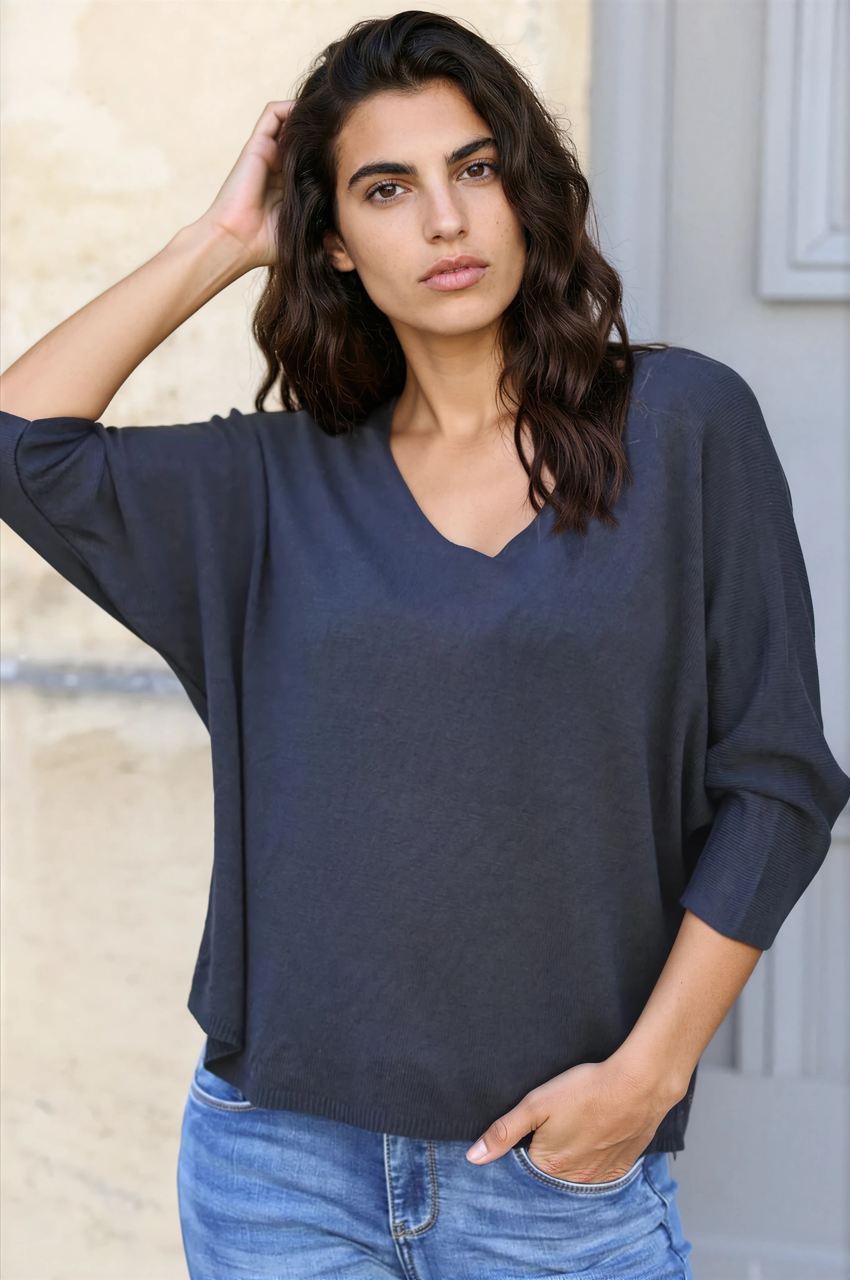 Batwing black jersey top