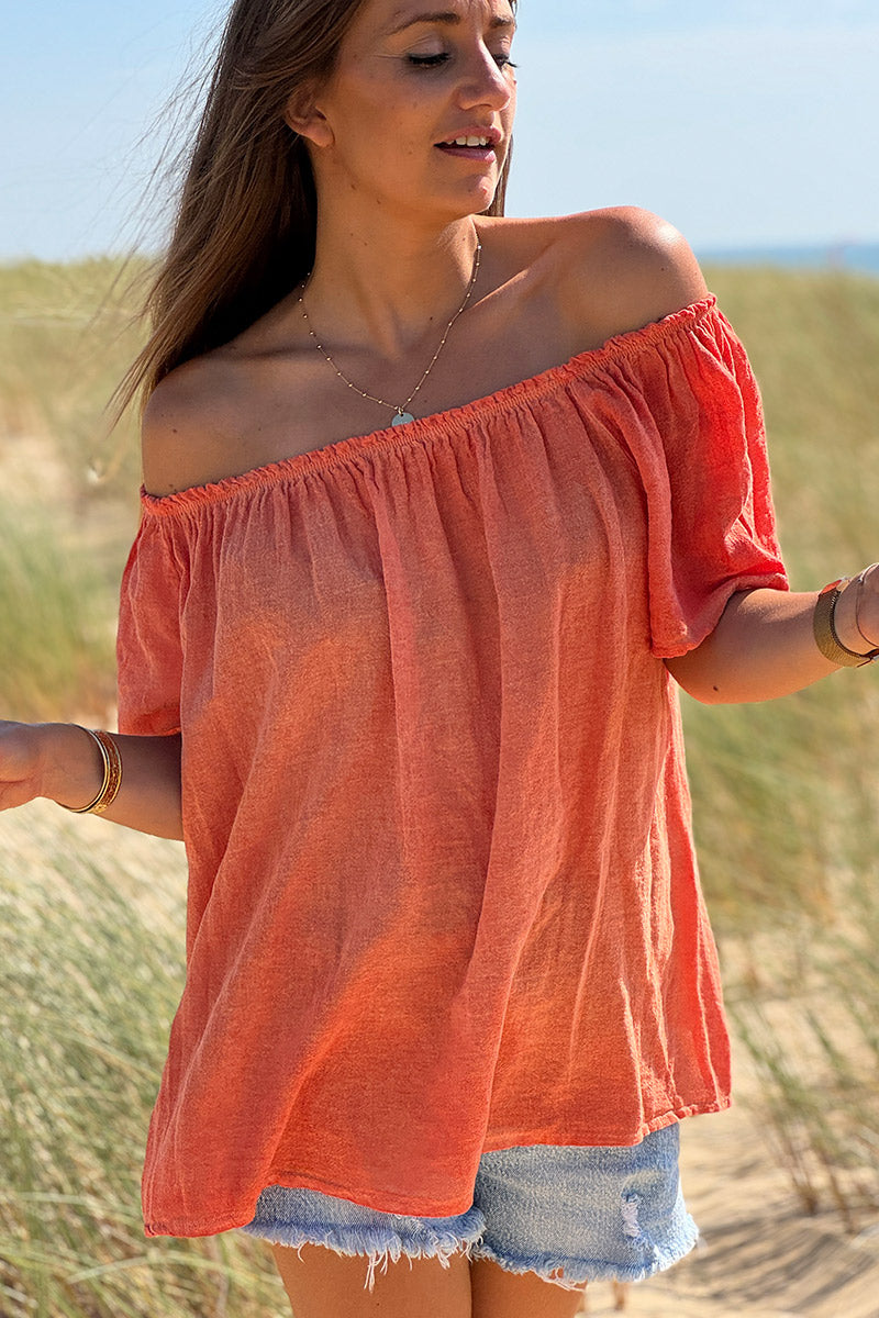 Top orange délavé en coton col élastique rond ou bardot