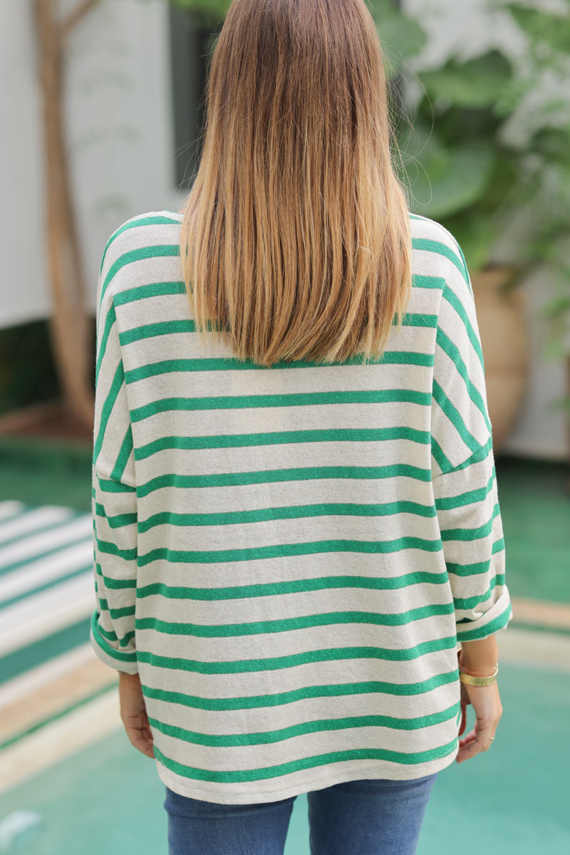 Green and gold striped v-neck fine knit jumper