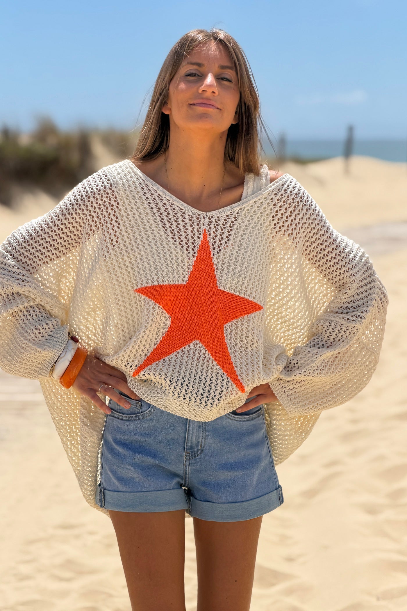 Orange Star Open Knit Poncho Top