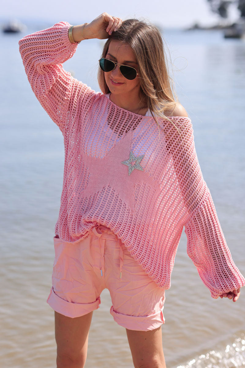 Pink open crochet top with large star and rhinestone star detail