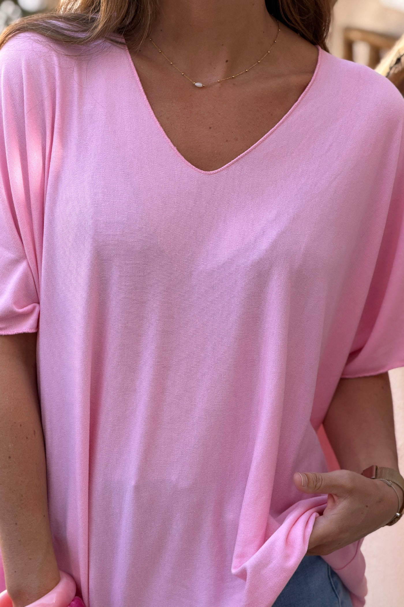 Relaxed fit pink v-neck top