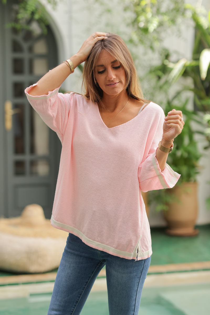 Pink and ecru fine knit cotton top with 3/4 sleeves