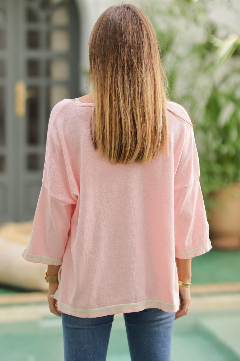 Pink and ecru fine knit cotton top with 3/4 sleeves