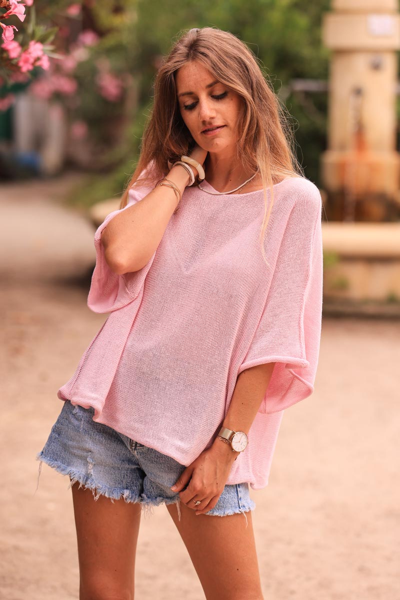 Soft pink cotton knit top with batwing sleeves