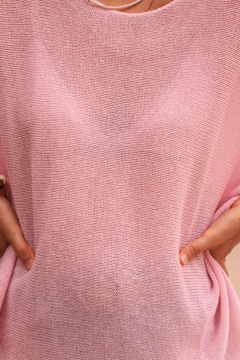 Soft pink cotton knit top with batwing sleeves