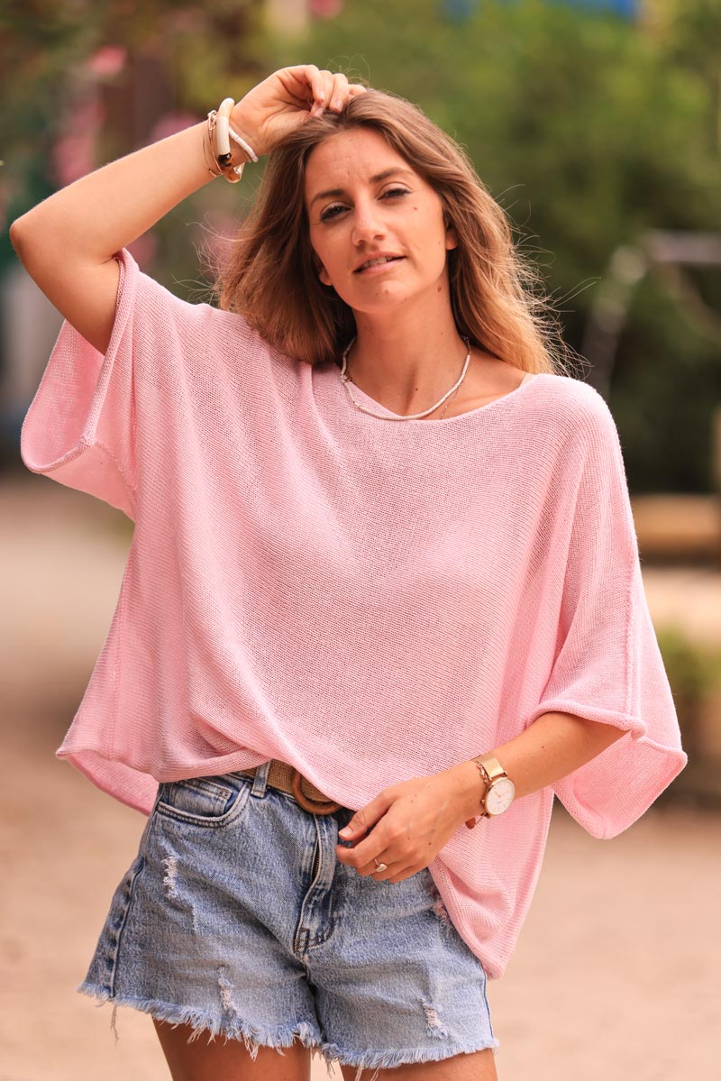 Soft pink cotton knit top with batwing sleeves