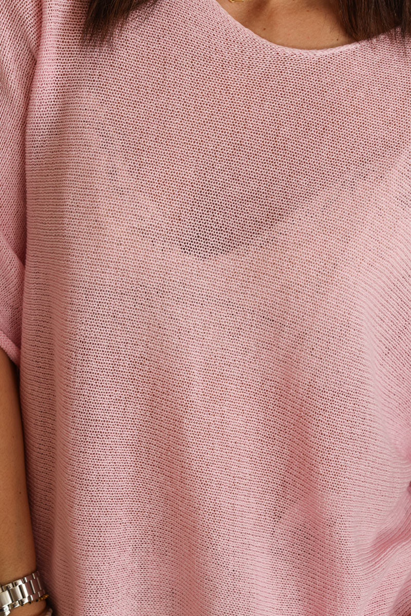Top de punto de algodón rosa palo con cuello redondo y manga murciélago 