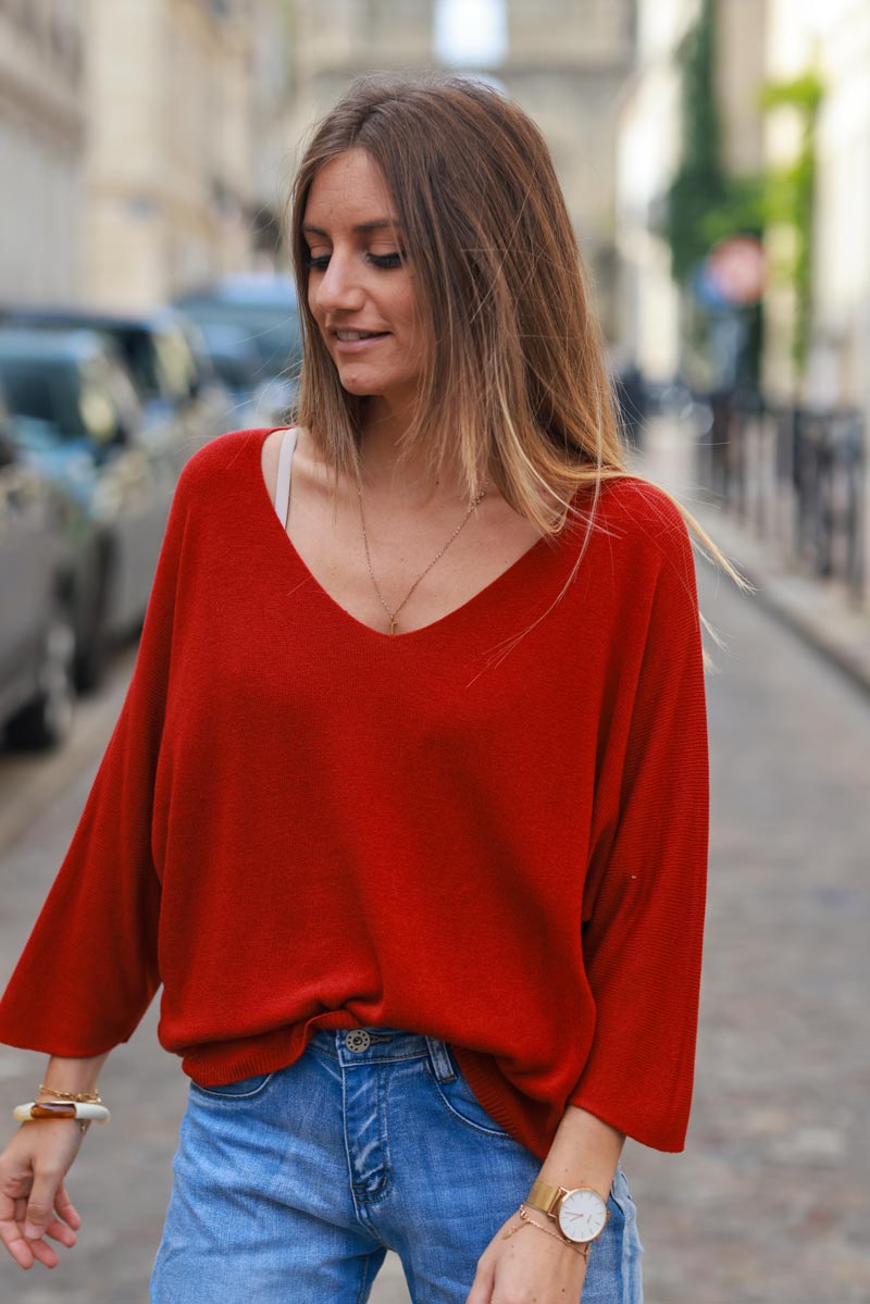 Top rouge bordeaux jersey manches chauve souris