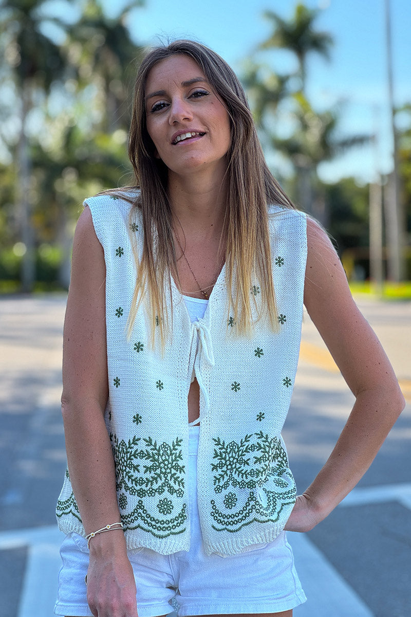 Cream Embroidered Knit Festival Vest