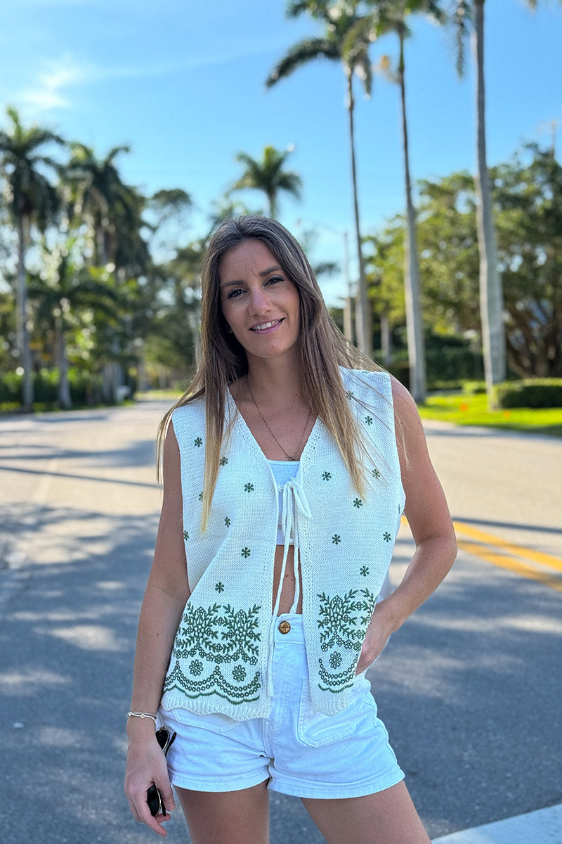 Cream Embroidered Knit Festival Vest