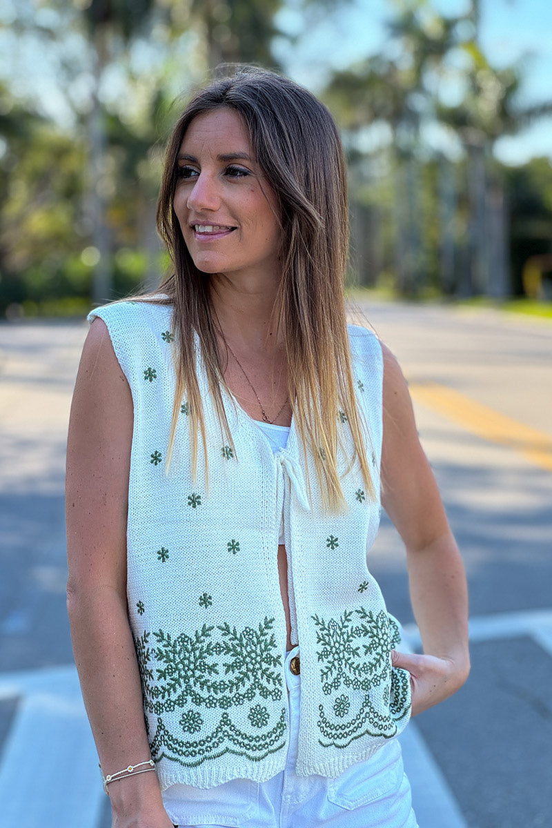 Cream Embroidered Knit Festival Vest