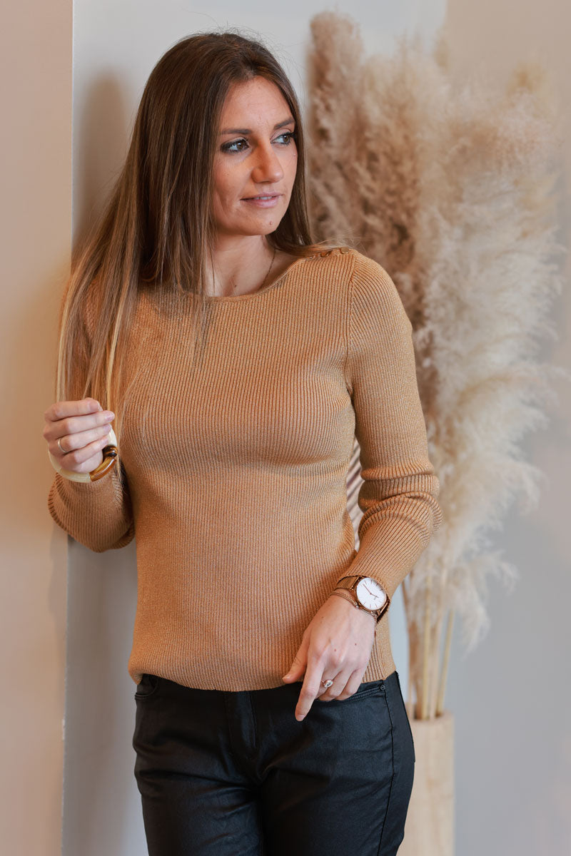 Gold Metallic Knit Long-Sleeve Top with Button Epaulettes