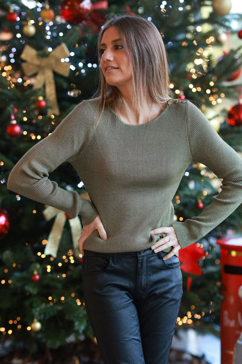 Olive Metallic Knit Long-Sleeve Top with Button Epaulettes