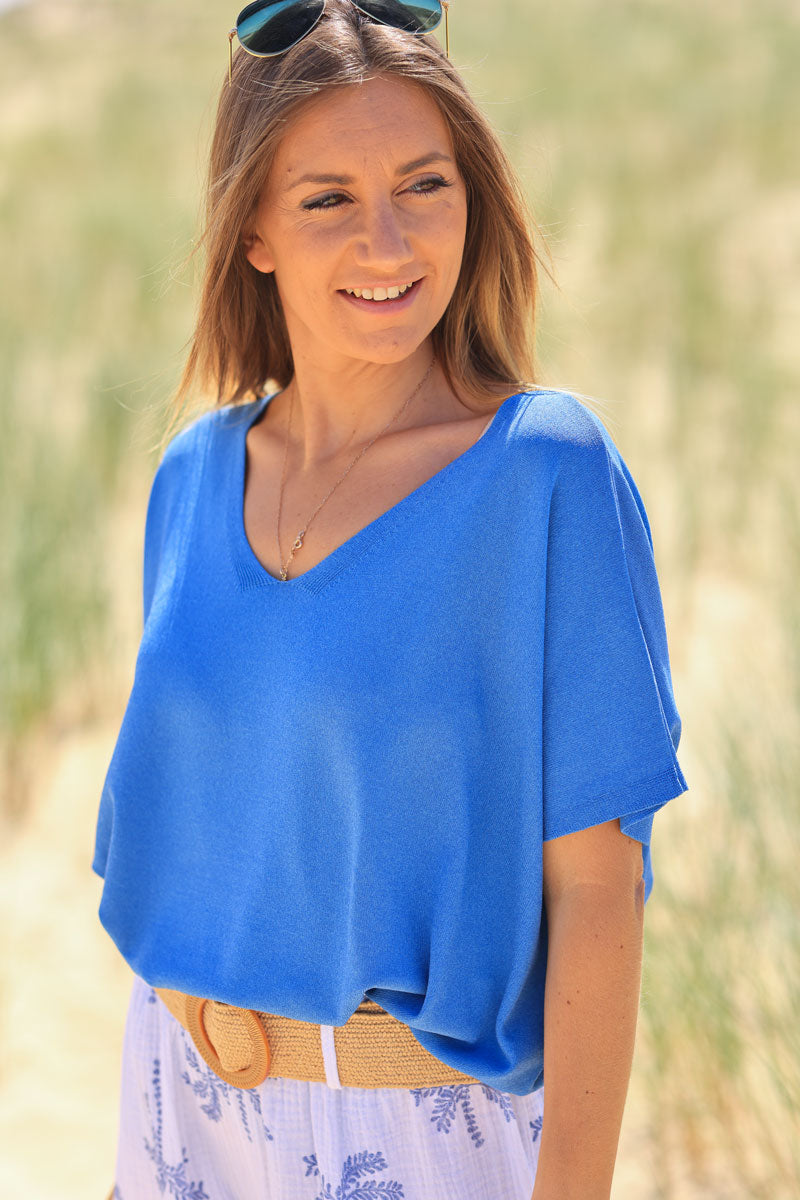 Royal blue oversized fine knit t-shirt with short sleeves