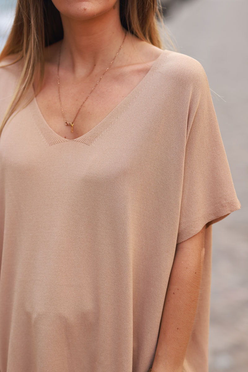 Camel stretch fine knit top with short sleeves