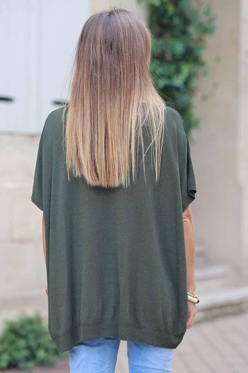 Khaki stretch fine knit top with short sleeves