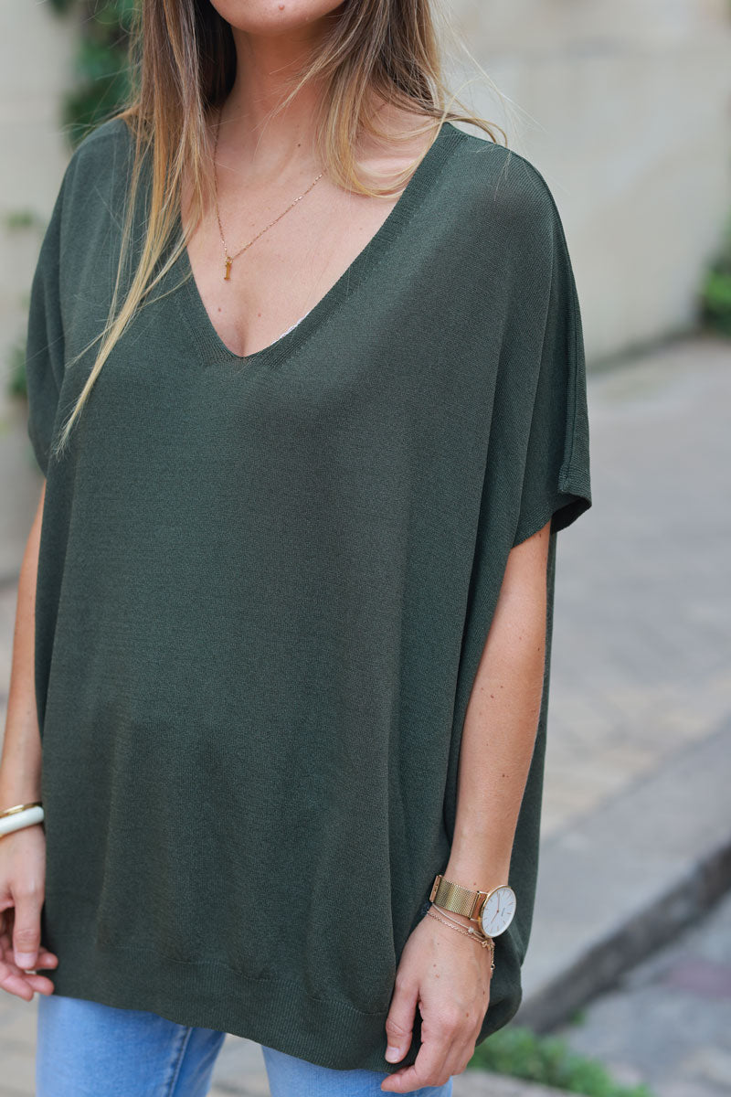 Khaki stretch fine knit top with short sleeves