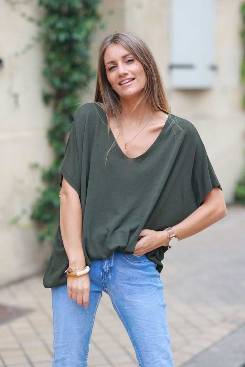 Khaki stretch fine knit top with short sleeves