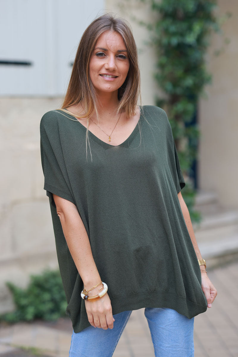 Khaki stretch fine knit top with short sleeves