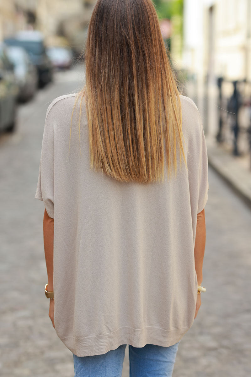 Taupe stretch fine knit top with short sleeves